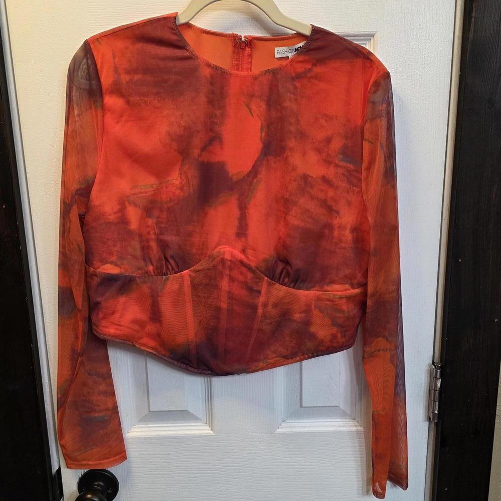 Fashion Nova Women's Long Sleeve Orange Mesh Corset Top, Size 1X NWT